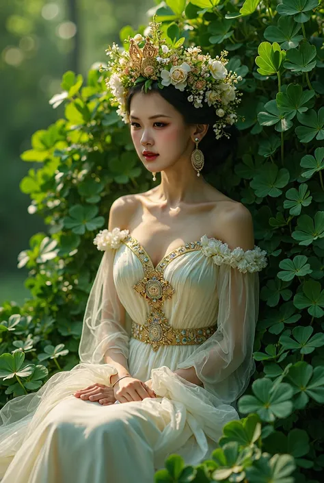 a beautiful queen sitting on a throne made of clovers, royalty, elegant and graceful, intricate floral crown, long flowing dress, detailed facial features, serene expression, lush green garden background, warm lighting, highly detailed, photorealistic, dig...