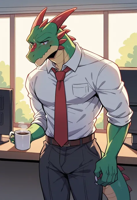 There is a western draconian、green dragon、male、About 2。Strong build、Wearing white clothes and red tie。Typing on the computer in the office，Put a cup of coffee next to it。Scenes：general office、transparent windows、Sun exposure。Mature style、Handsome，Clear ver...