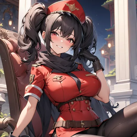 An adventurer guild officer girl, sexy body, big breasts, big hips, ((red officer outfit, black scarf, red necktie, red officer cap, short cape, black leggings, black leather gloves, leather high heels boots, leather belts and pockets)), (long straight bla...