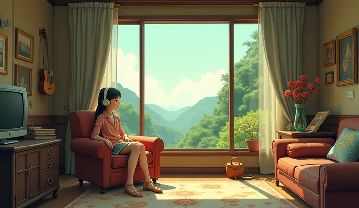 Lo-Fi,Ghibli,Stylish rooms,One Girl,Headphones,Overlooking, Wide-angle shot, 