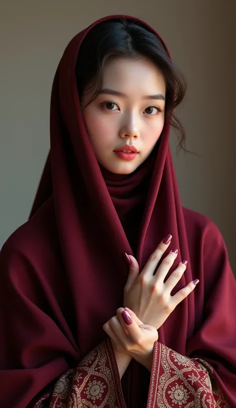 (photorealism: 1.3), beautiful Chinese Moslem, very beautiful Chinese Moslem female, beauty long maroon hijab and long pattern abaya, very detailed fingers, beauty dark pink nail, high resolution, 8k, Ultra detiled, HDR