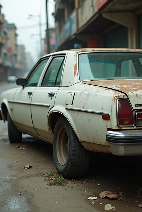 White car with a flat tire, an old car, the profile photo shows the empty tire 