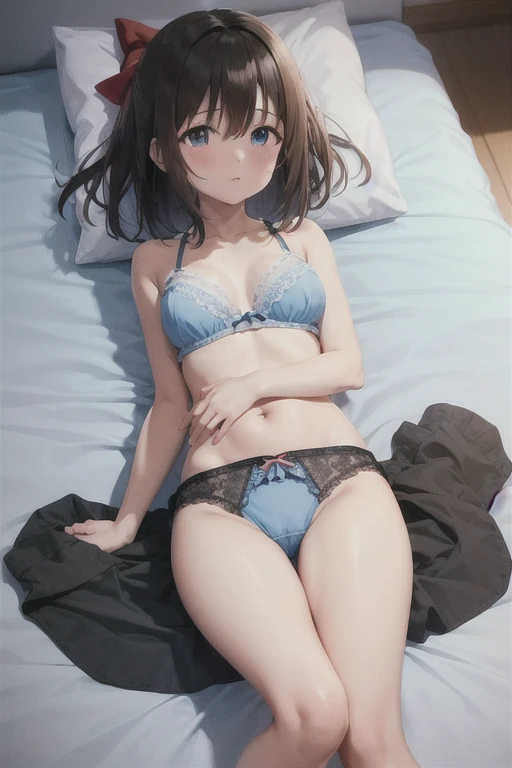 One Girl, Black Hair，length，Straight Hair，Red hair ribbon，blue eyes，Sakurazaka Shizuku，cute，night，blush，Bedroom，light blue bra,Light blue panties，Sleeping posture，M-shaped legs