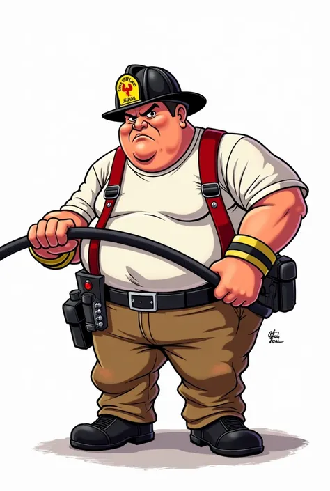 ((comic art)), (cartoon style) a 5, really obese fireman with a black fireman helmet on his head, brown pants, a white t-shirt, red suspenders, a black belt, and a fire hose in his hand. He is looking angry. dynamic action pose. The image has a white backg...