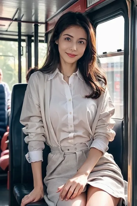 RAW, Best quality, high resolution, masterpiece: 1.3), Beautiful woman, sitting on 25years old man lap on a bus among men, crowded passenger bus, LONG HAIR, slim body, only wearing shirts, vagina shown, highres, no panties, ((4k, HDR, 1girl, photorealistic...