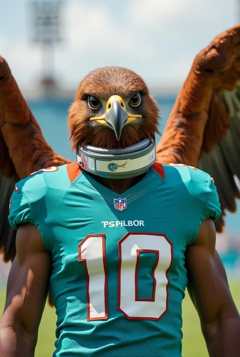 Football player Tua Tagovailoa face with a hawks body wearing a dolphins jersey with a neck brace flapping his wings 