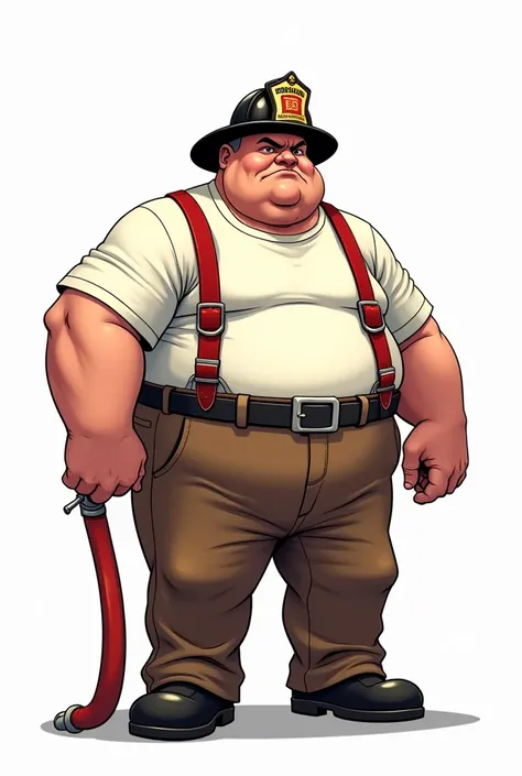 ((comic art)), (cartoon style) a 5, really obese fireman with a black fireman helmet on his head, brown pants, a long sleeve white t-shirt, red suspenders, a black belt, and a fire hose in his hand. He is looking angry. dynamic action pose. The image has a...