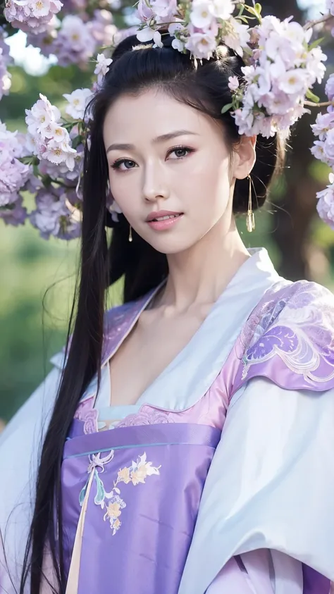 Fashion Model 2 [[[[Close-up cleavage]]]], [[[[breast]]]], [[[[Cole]]]], [[[[Shoulder]]]], Perfect eyes, Perfect Iris，Perfect lips，Perfect Teeth，Perfect skin，Long face，Soft headlight，HD girl,White ancient Chinese clothing，Hanfu，Background with green trees ...