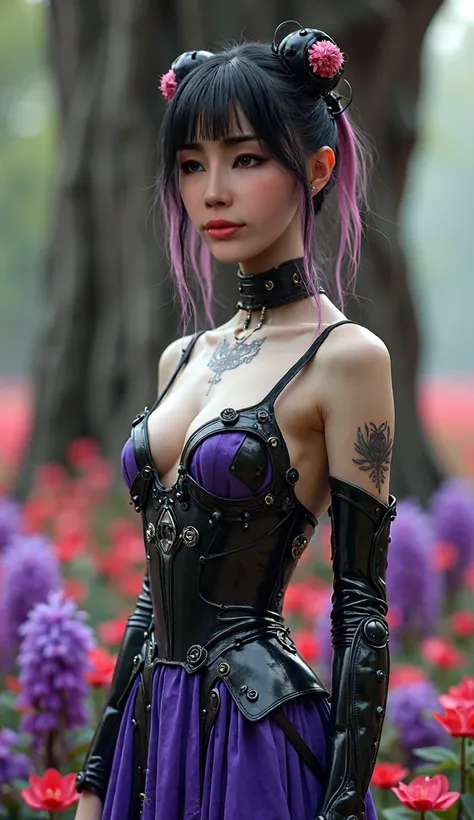 A beautiful Korean Princess wearing robotic dress, Black and pink color hair, Beautiful facial features, realistic photography, Surrounded by beautiful purple and red flowers, a cyborg theme, steampunk style included, tattoos on her neck, hourglass figure,...