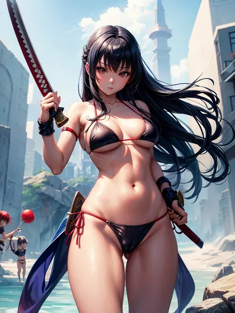 Beautiful Asian girl, 1, mini bikini assassin girls, sexy lady, big breasts, camel toe, little blade in hand, katana sword, หัวนม, นั่งกางขา ชันหัวเข่า,