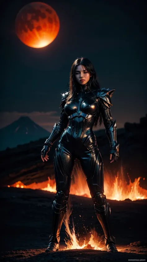 Highlight a powerful and imposing alien beauty with dark, almost black skin that sparkles with tiny, star-like particles. Her eyes are a bright, glowing white, and her hair is made of plasma-like energy. She wears an armored, form-fitting suit with sharp, ...