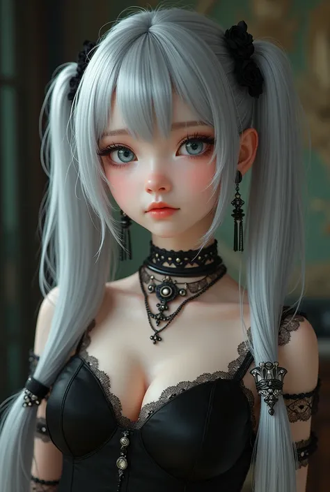 High quality, rich in detail, twin-tailed silver-haired girl posing cutely. They wear vintage Gothic gothic clothes, wearing bracelets, earrings and necklaces. Big are also visible. The photo is a close-up of the face, with cleavage, shiny breasts, sweat i...