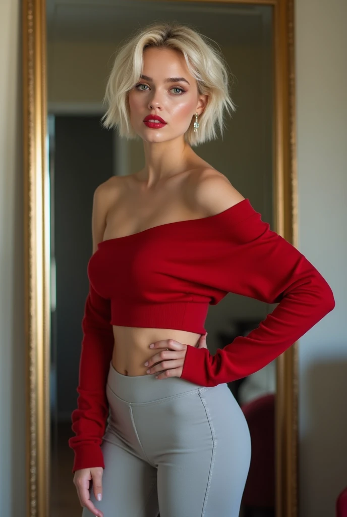 (Anya taylor-joy), (Thigh gap:1.4), (tight thigh gap), Stunning gorgeous 1 goddess platinum blonde super model elegance and grace yet sexy, standing infront of a huge mirror, facing camera, (thigh gap), (c-cup breasts), (elegant smokey eye makeup and red l...