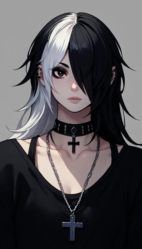 (zPDXL2), (PonyXLV6_Scores), source_anime, Expressiveh, BREAK

Goth girl, Goth girl 1girl 1girl,solo,long hair,looking at viewer,simple background,black hair, jewelry,white hair,multicolored hair,choker,black eyes,grey background,necklace,(hair over one ey...