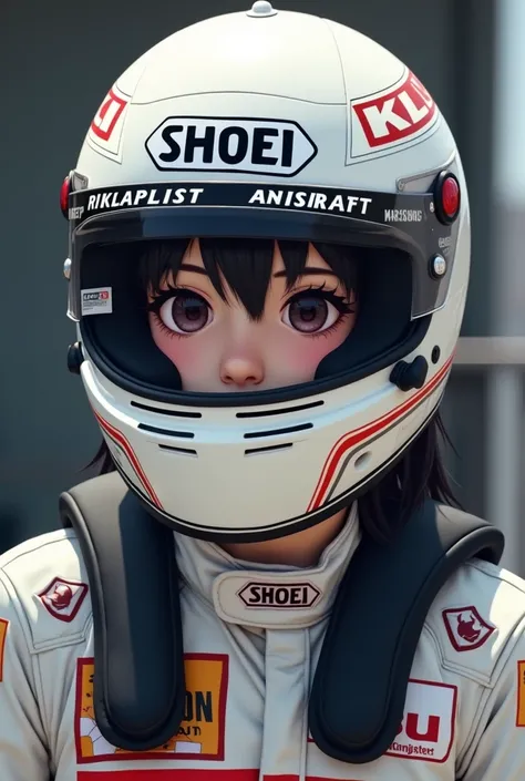 1girl is wearing F1 helmet, (((SHOEI helmet))), circuit, (sitting F1 cockpit), Japanese girl, cute girl, black hair, (((racing helmet))), (((fullface helmet:2.0))), ((covered mouth)), covered nose, (((too small face area))), racing suit, ((extremely narrow...