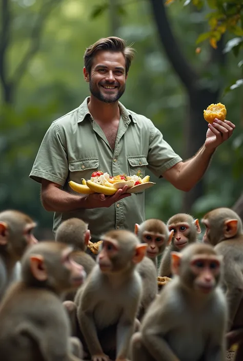 Realestic photo of A man giving banana and some foods to group of moneys