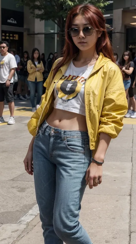 2teenage girl, mongoloid, asian, dark_skin, red hair, random hair styles,random jacket and yellow tshirt,jeans pants, sunglasses oakley,,white sneakers,full body, standing poses,happy,  mall background, crowd of people around, mall background, natural ligh...