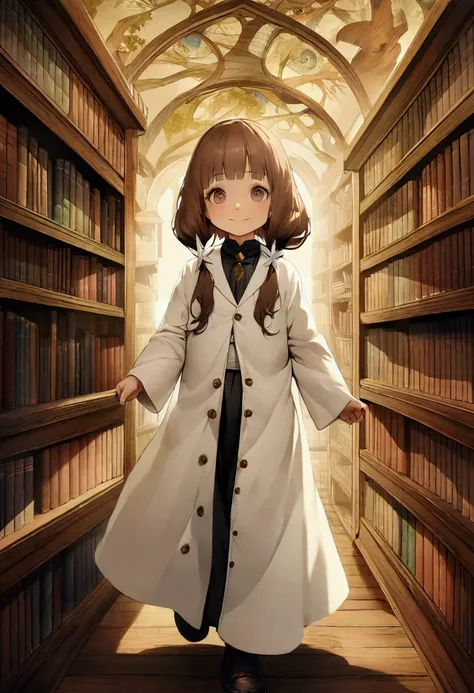 "Digital Art、Ultra HD、4K、５Year old child、Historian wearing a white coat、、Surreal、library、Brown Hair、smile"