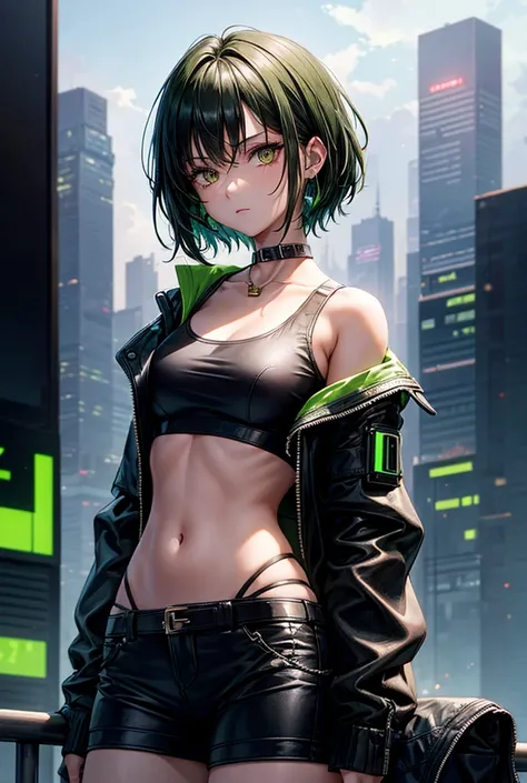 1girl, dark-green short hair, amber eyes, a dark-green crop top and a black jacket, looking at viewer, cyberpunk city