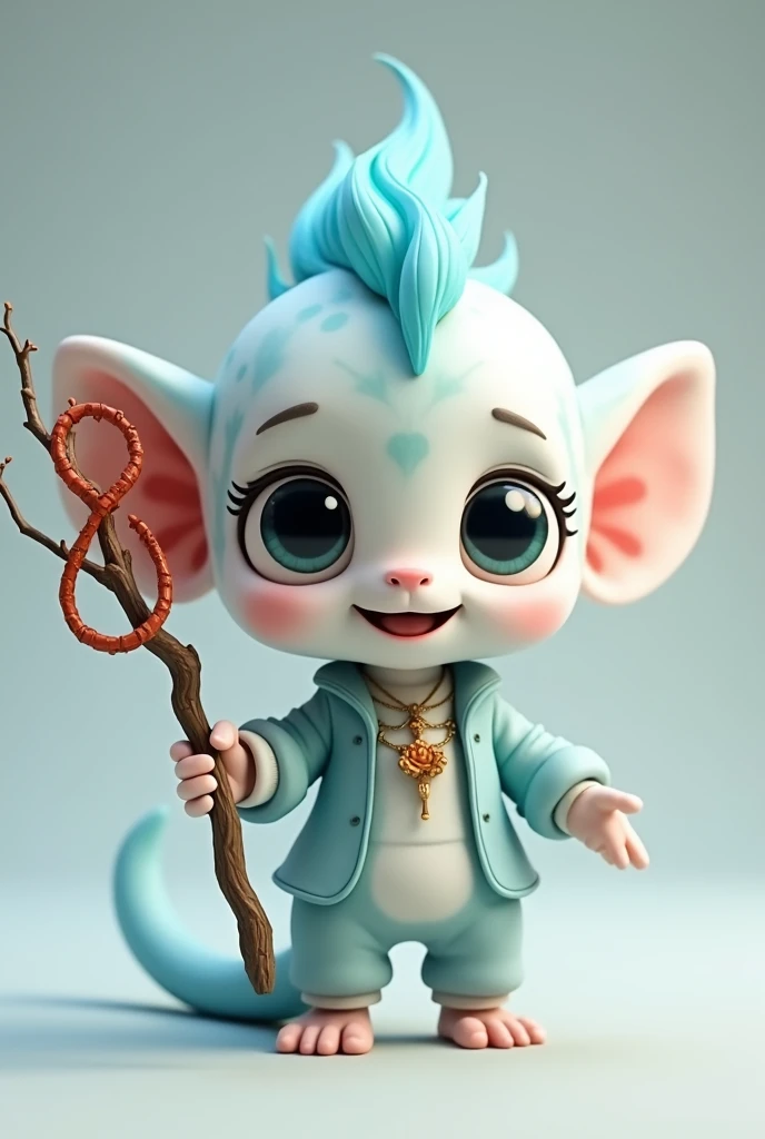 Super realistic illustration, Detailed Fantasy art, Cinema 4D rendering, Design a mascot, full body. A fairy-sized, familiar presence with noble smile. Androgynous. Very curious eyes. A light blue and white marbled costume for mobility. A thick and long ma...