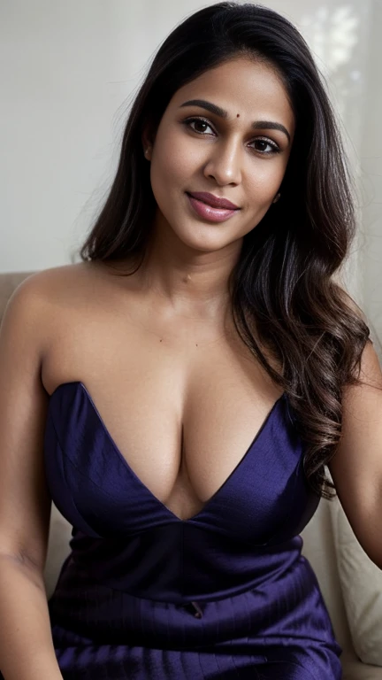 lavanya , closeup face, (silk gown) ,showimg her cleavage, in bedroom, selfie, ultrarealsitic, body closeup,  close up body shot, cleavage, sexy hour glass figure, lip bite,looking at viewer, photorealistic