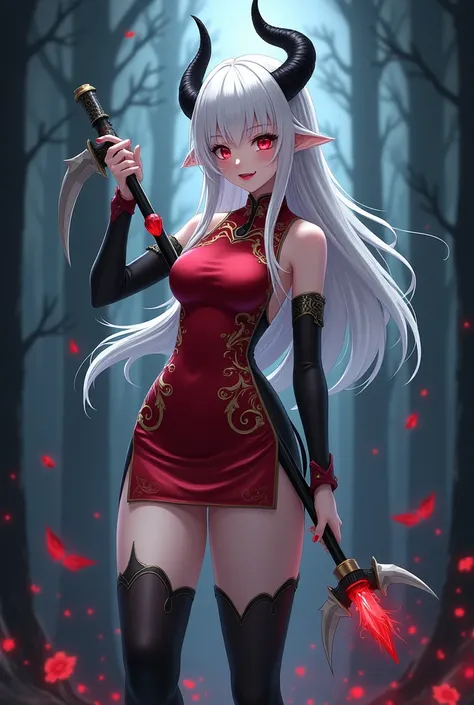 A genshin impact style anime demon girl in the forest at night. She has black horns and tail,pale skin,long white silky hair and big scarlet eyes and full Red lips. Her hourglass figure Is wearing a short red chinese dress with Golden details,black thigh H...