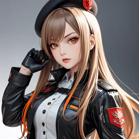  "Create a high-definition, anime-style image of a young woman resembling Rapi from *Goddess of Nikke*. She has long, flowing dark blonde hair and striking amber eyes with a subtle glow. She wears a military-inspired outfit, including a black beret with a ...