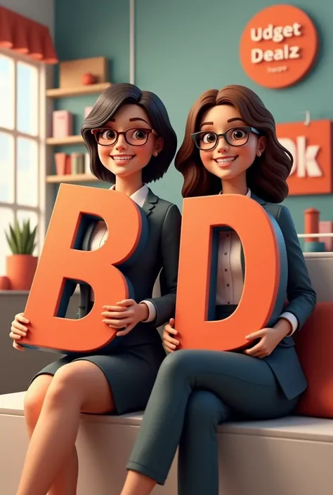 Create 3D illustration featuring a realistic two woman, casually sitting back holding each of them letter B D . The characters should looks like they are business woman. Background of image should showcase online selling of stuff. With signage of correct s...