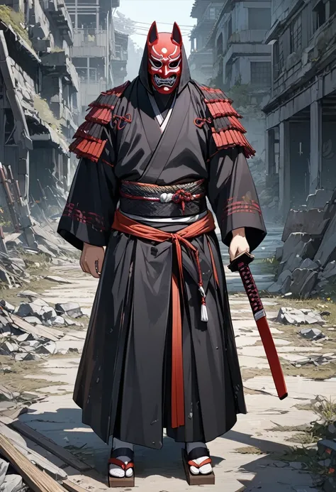 8K, top-quality, masterpiece,Super Detail, Highly detailed,beautifully detailed eyes,highest quality,super detailed,detailed face,ruins,1 boy,samurai,holding katana,jinbaori,obi,tengu mask,geta,no face,