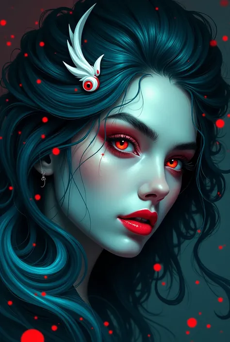 A close-up, dramatic digital painting of a womans face in a fantasy art style, creating an intense and mysterious mood. The composition focuses on her head and shoulder area, positioned slightly to the right, with a subtle tilt to the left. Her skin is a p...