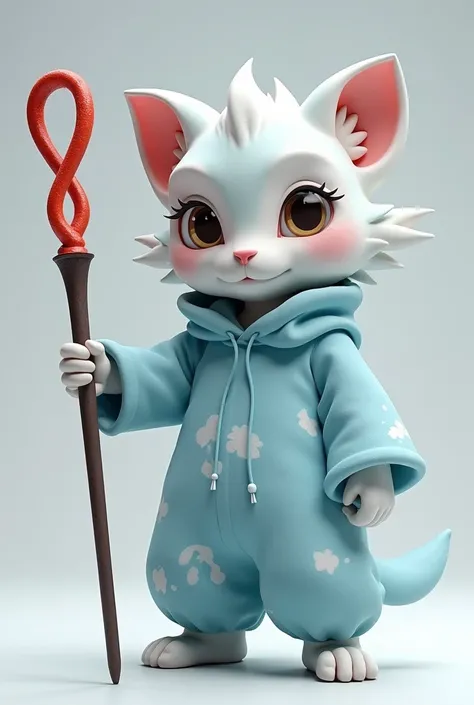 Super realistic illustration, Detailed Fantasy art, Cinema 4D rendering, Design a mascot, full body. familiar presence with noble smile. Androgynous. Very curious eyes. A light blue and white marbled costume for mobility. A thick and long magic wand has a ...