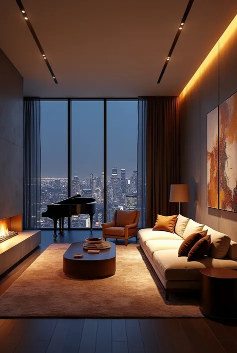 (masterpiece:1.2, Highest quality, Ultra-high resolution, Very detailed, Realistic, RAW Photos:1.2, Elaborate photos), 8k, wallpaper, (Ray Tracing), (A sophisticated penthouse living room with floor-to-ceiling windows offering a breathtaking view of a city...