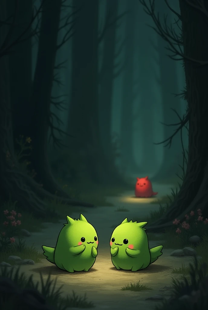 Dark place where there are two cute green creatures far away from a cute red creature, drawning 