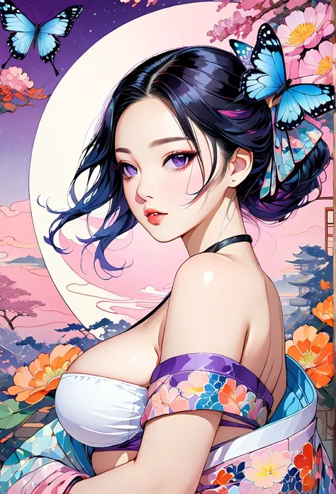 ((best quality)), ((masterpiece)), (detailed), A mesmerizing surreal illustration of a young japanese woman resembling Shinobu Kouchou. She has black hair, purple eyes, a butterfly hair ornament, and wears a vibrant pastel colored micro bikini adorned with...