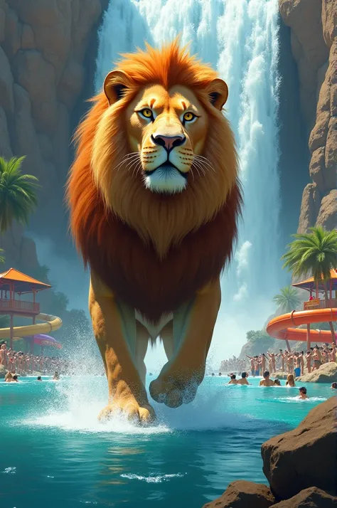 Giant Lion Is At The Waterfall In Waterpark Right Now