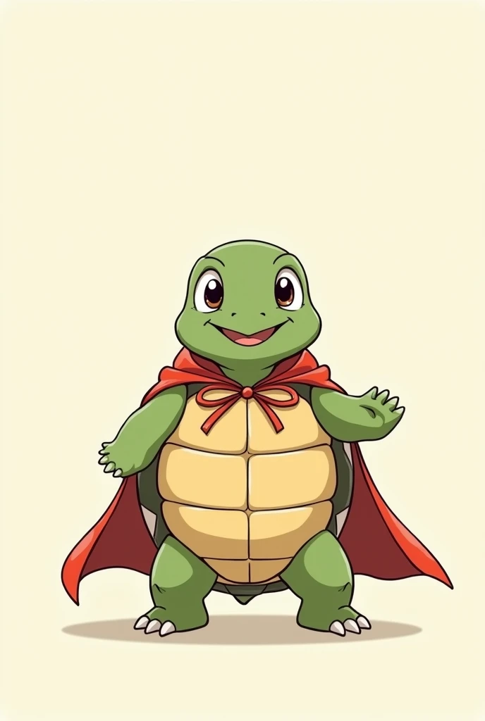 A cute happy cartoon big eyed turtle standing upright wearing a cape，Clear line drawing，Studio Ghibli style，No background