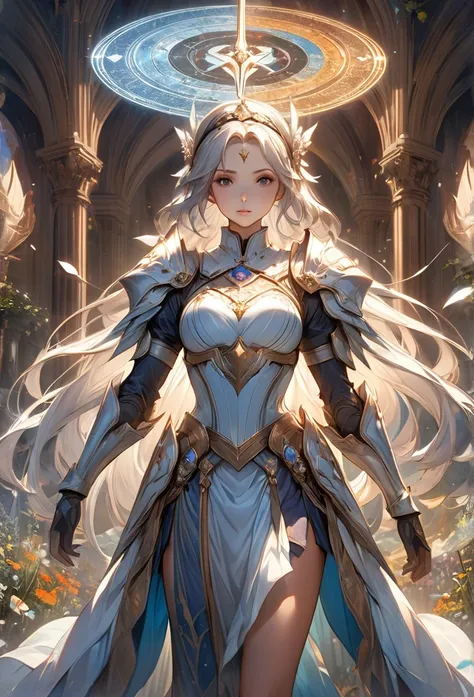 8K resolution, masterpiece, Highest quality, Award-winning works, unrealistic, sole sexy lady, healthy shaped body, 2, white wavy long hair, hair band, big firm bouncing bust, ancient roman military commanders armor, Pure white armor with a complex structu...