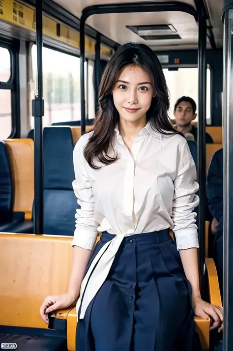 RAW, Best quality, high resolution, masterpiece: 1.3), Beautiful woman, sitting on 25years old man lap on a bus among men, crowded passenger bus, LONG HAIR, slim body, only wearing shirts, vagina shown, highres, ((no panties)), ((4k, HDR, 1girl, photoreali...