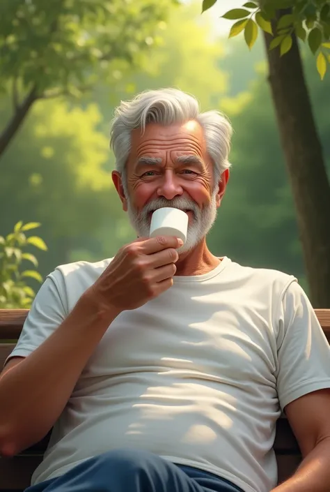 A man with white hair and a white t-shirt eats a marshmallow