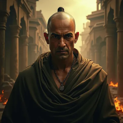 Design a photorealistic, cinematic movie poster centered around the historical figure of Chanakya. His face, marked with sharp, determined expressions and piercing eyes, occupies the central focus. His iconic bald head with a single braid and stern counten...