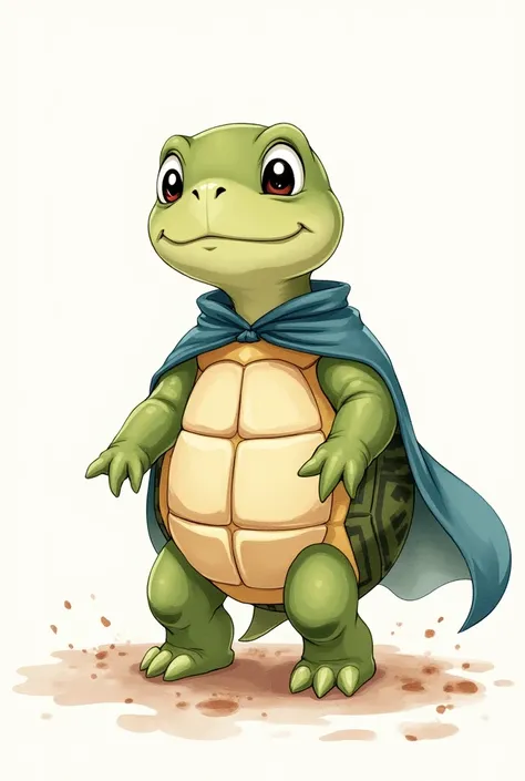 A cartoon big-eyed turtle standing upright wearing a cape，Clear line drawing，Watercolor Studio Ghibli style，No background