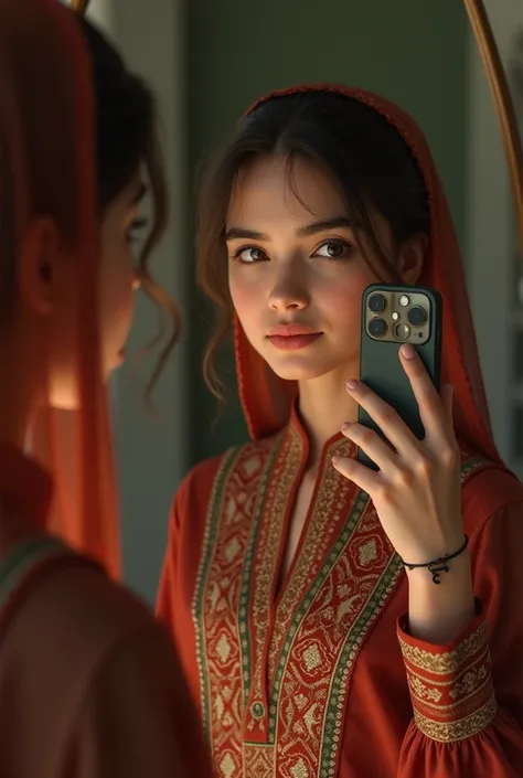 A beautiful 1 afghan girl with an iphone 14 inher hand taking a picture in front of the mirror with a small "🇦🇫"tattoo in her hand,her scarf fallen on her shoulders from her head with afghan dress