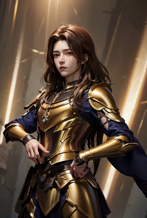 Ultra 3D realistic man with long brown hair, wearing saint gold Virgo armor, inspiration from the Japanese anime , gold armor, realistic, UHD, best quality, saint virgo.