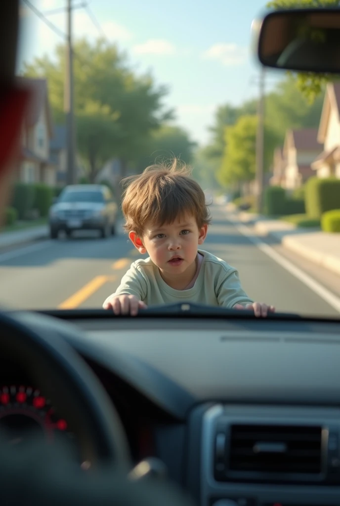 Left LaneでRight-hand driveのトラックを対向車はいない住宅街を走行中、A realistic child, about , jumps out from the sidewalk.。High resolution drawn from the driver&#39;s perspective, Rear view, 最高quality, High-resolution model, 高quality, quality, Very detailed, Ultra high defini...