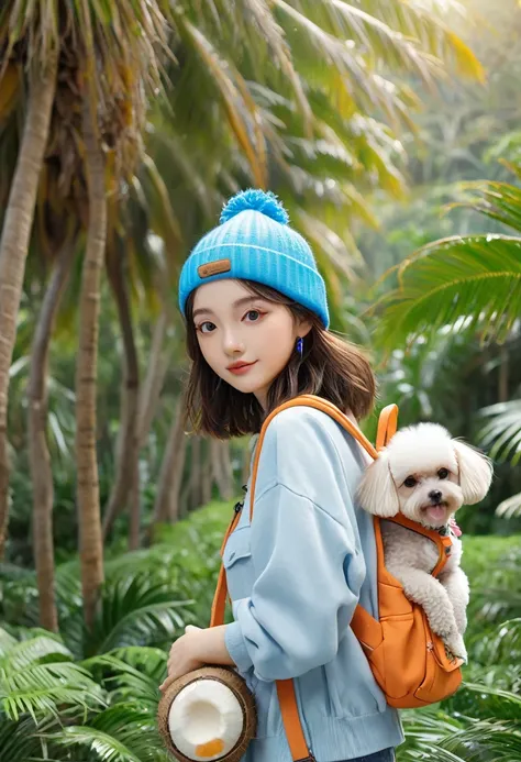 Anime Girl (((Ruck sack))) and (((Four dogs in a coconut grove))), ((((Blue Eyed Girl)))), (((The girl is wearing a beanie hat))), Lovely and detailed digital art, Cute numbers, ((((The camera is in front of the character)))), Gweiz-style artwork, Realisti...