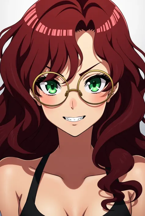 Arrogant Sexy Anime Girl With Dark Red Curly Voluminous Long Hair, green eyes with round glasses in gold frames black eyelashes, looks from top to bottom, wide smile with small fangs. 