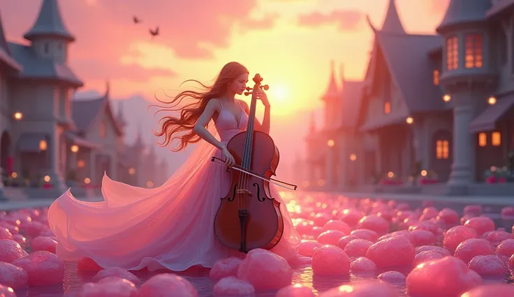 Digital Fantasy Art, A portrait of a beautiful Western woman playing a cello on bright pink stones as the sun sets over a fairytale-like village., She is as beautiful as the goddess of the universe., Unique art, Masterpieces of scenery, Really cool, Super ...