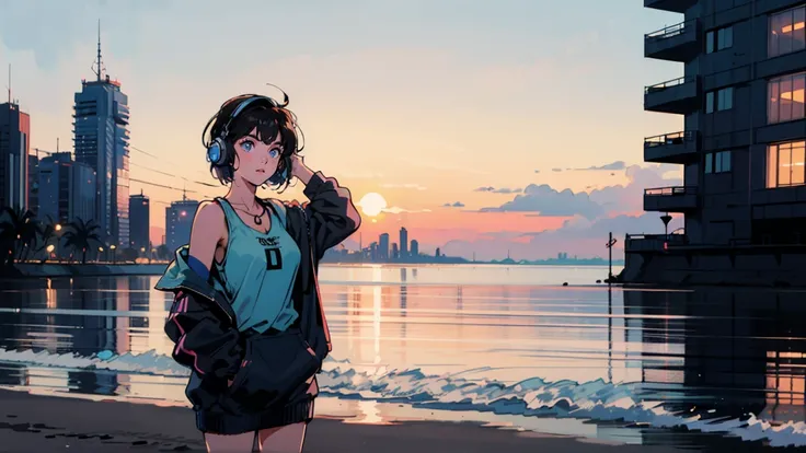 A woman with dark hair on a retro-futuristic beach in the evening。sunset。 Her hair is a bob with black hair.。Looking at the camera。She is wearing a pastel colored hoodie over a tank top.。Wearing headphones playing city pop。She&#39;s standing on the bustlin...