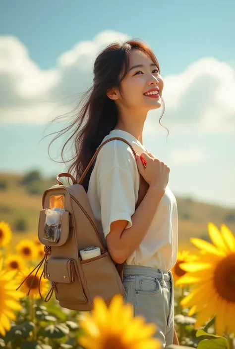 Skylight  full body sky light sunflower hill cool view, beautiful clean, sky clouds like a painting, there is a beautiful girl loose gradiasi hair carried by the wind , like a Korean wearing casual clothes who is feeling natural beauty, she wears carry a t...