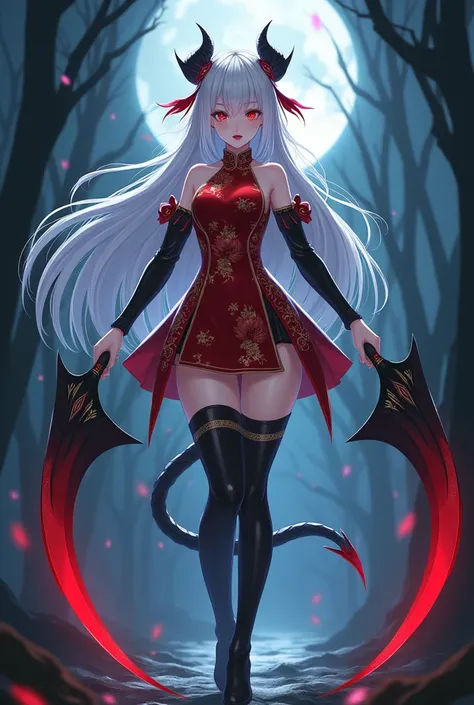 A genshin impact style anime demon girl in the forest at night. She has black horns and tail,pale skin,long white silky loose hair and big scarlet eyes and full Red lips. Her hourglass figure with a vaporous chest Is wearing a short red chinese dress with ...